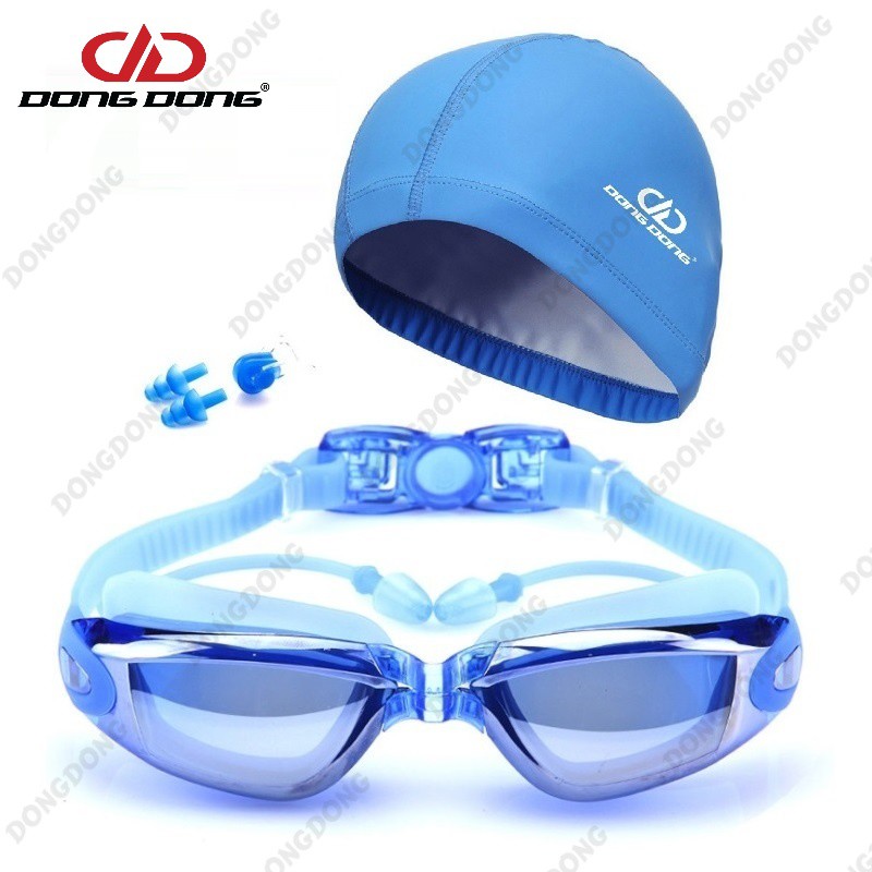 Bộ kính bơi tráng GƯƠNG DD66 - gồm Mũ bơi, Bịt tai kẹp mũi cao cấp chính hãng DONGDONG