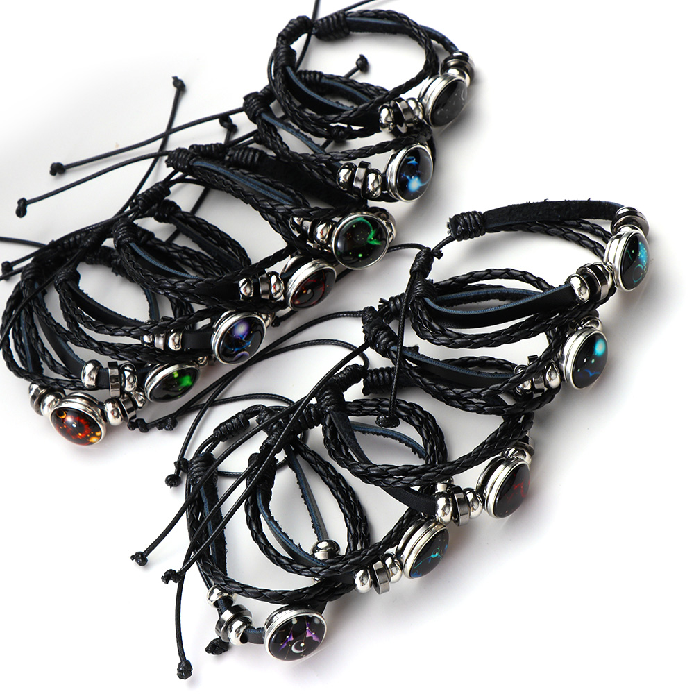 Vòng tay dây da mặt tròn khắc hình 12 cung hoàng đạo thời trang cho nam và nữ