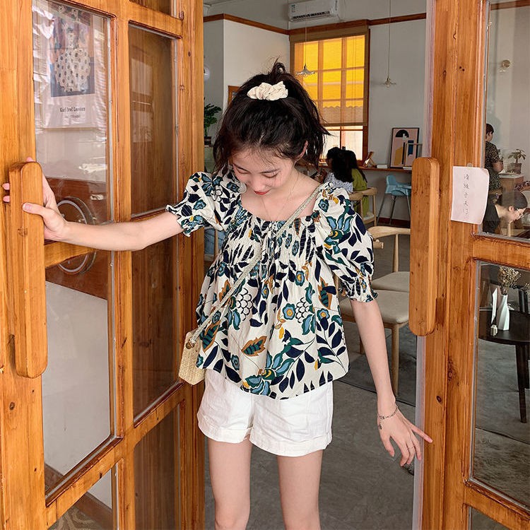 Áo kiểu tay ngắn phồng cổ vuông họa tiết hoa thời trang mùa hè dành cho phái nữ