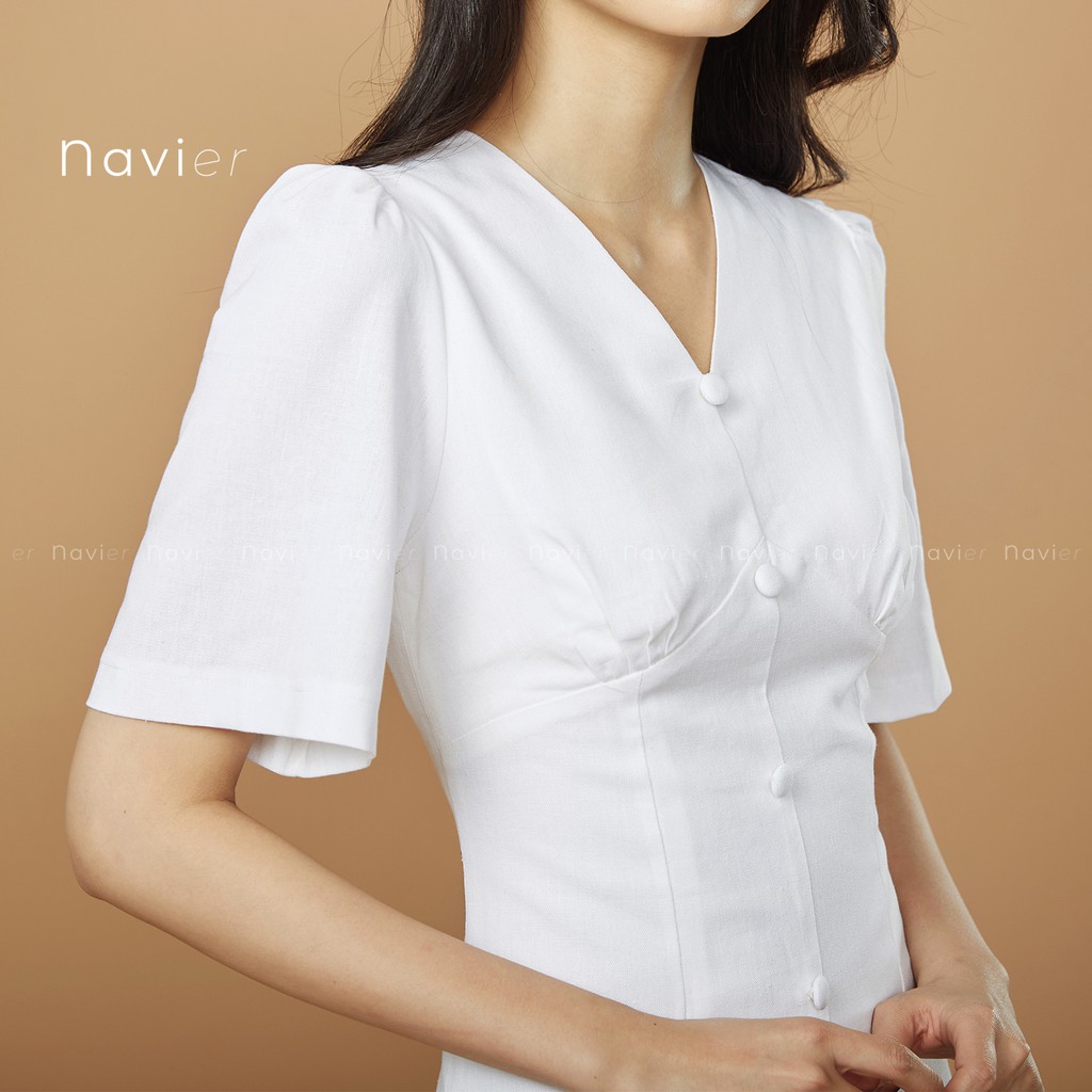 ĐẦM DÀI TAY PHỒNG DÁNG ÔM - VÁY THIẾT KẾ CỔ V CÔNG SỞ ĐI CHƠI DỰ TIỆC LINEN DRESS D03 NAVIER | BigBuy360 - bigbuy360.vn