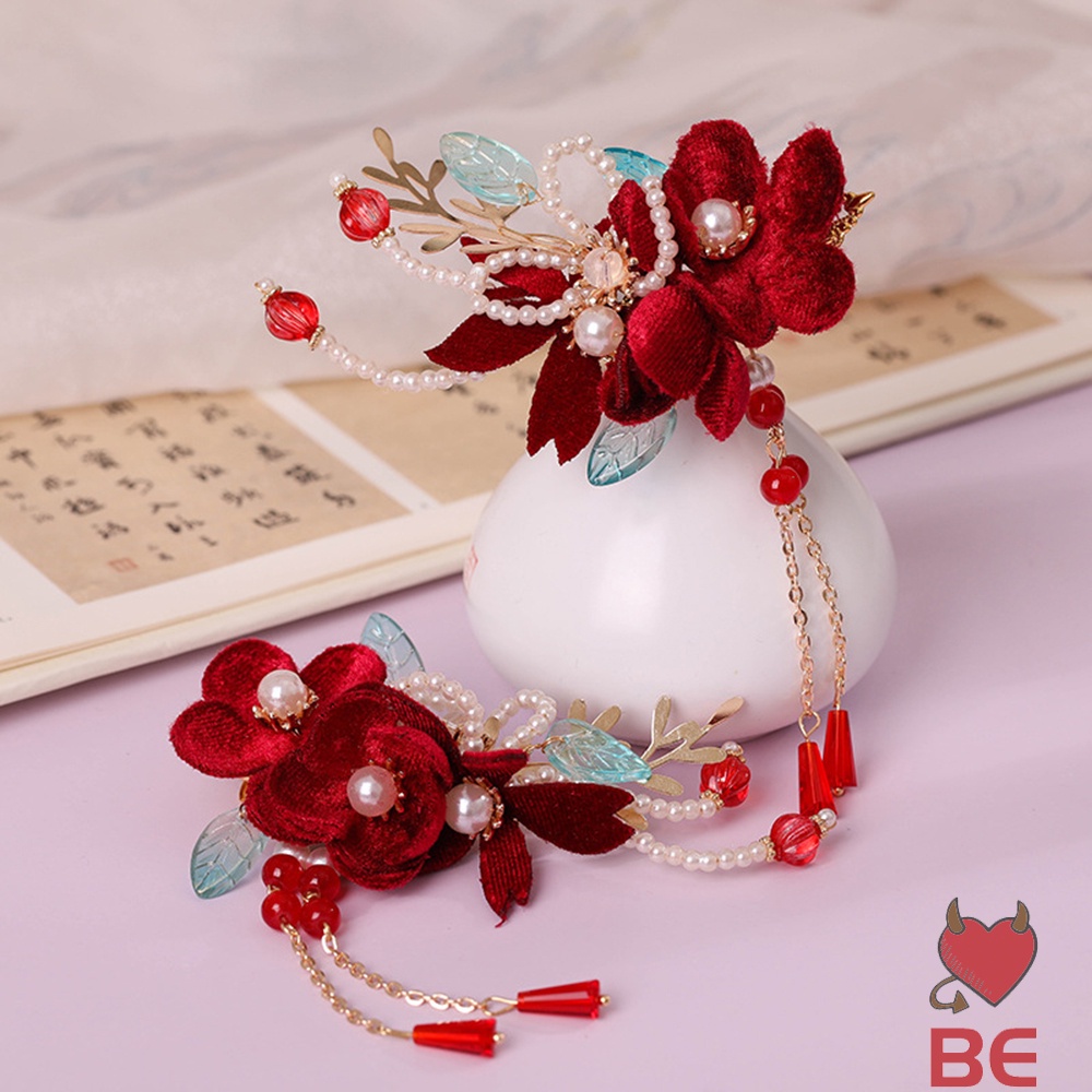 YADORNOS Cặp kẹp tóc YADORNOS kim loại thiết kế bông hoa phối tua rua phong cách Trung Hoa xinh xắn