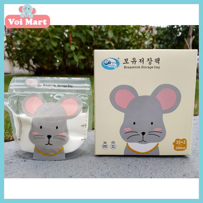 🍁MẪU MỚI🍁 Hộp 32 Túi trữ sữa GB Baby 200ml có vòi rót hình bé chuột đáng yêu
