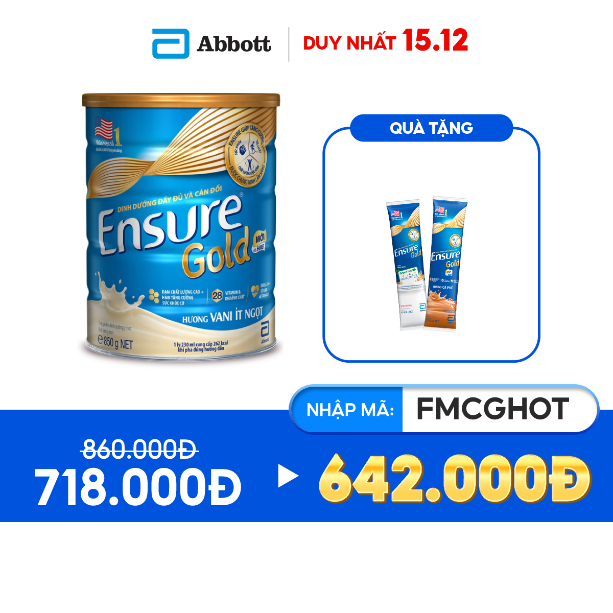 [Tặng 2 gói dùng thử bất kì] Sữa bột Ensure Gold Ít ngọt (HMB) 850g