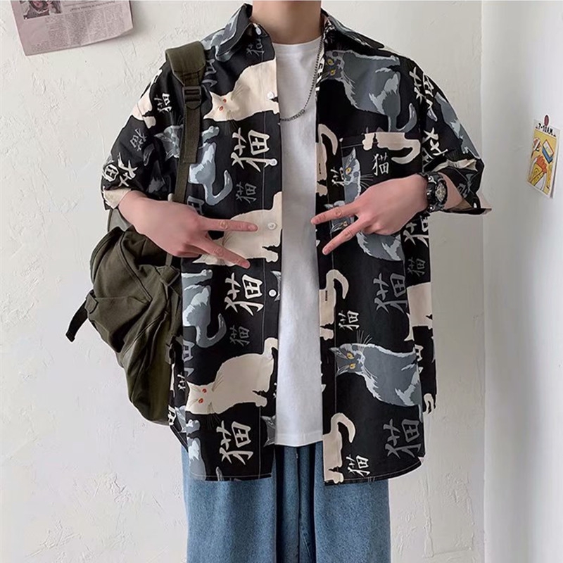 Real shot spot summer urban trend all-match loose casual fashion personality printing design casual short-sleeved shirt