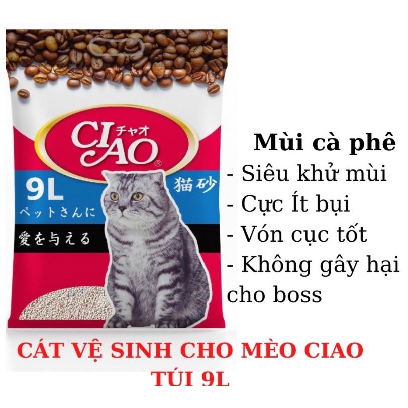 Cát vệ sinh cho mèo Ciao 9L - Cát Nhật cho mèo Nhật thấm hút, vón cục nhanh, ít bụi, khử mùi, diệt khuẩn, thơm dịu