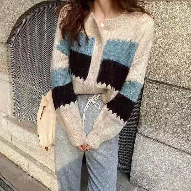 Áo khoác cardigan dệt kim tay dài màu sắc tương phản phong cách vintage cho nữ