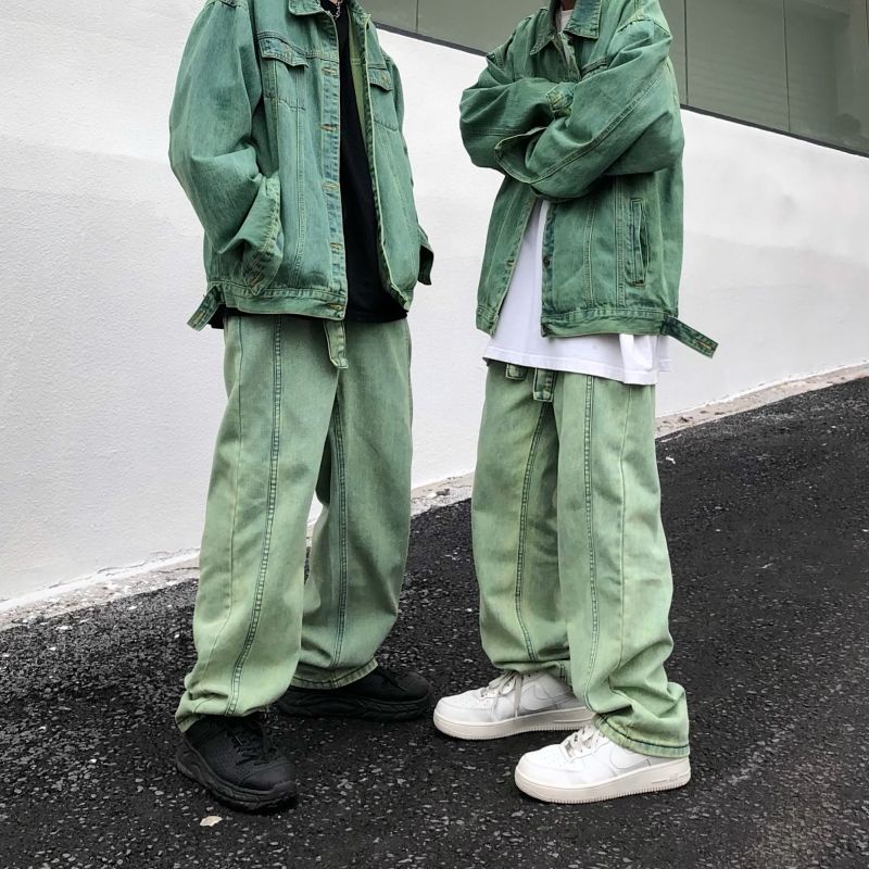 Quần Jeans Hip Hop Ba Chiều Ống Rộng Màu Xanh Lá Phong Cách Retro Đường Phố Cho Nam Và Nữ