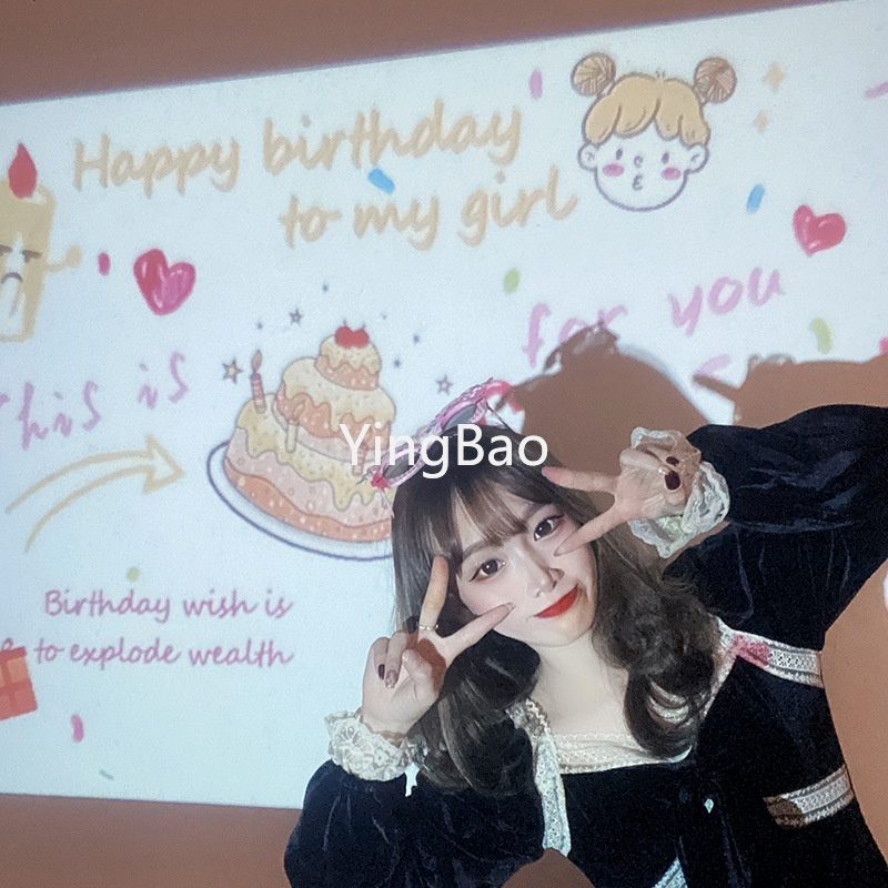 Đèn Chiếu Happy Birthday size Nhỏ Di Động Áo Thun Dài Tay Phong Cách Hàn Quốc