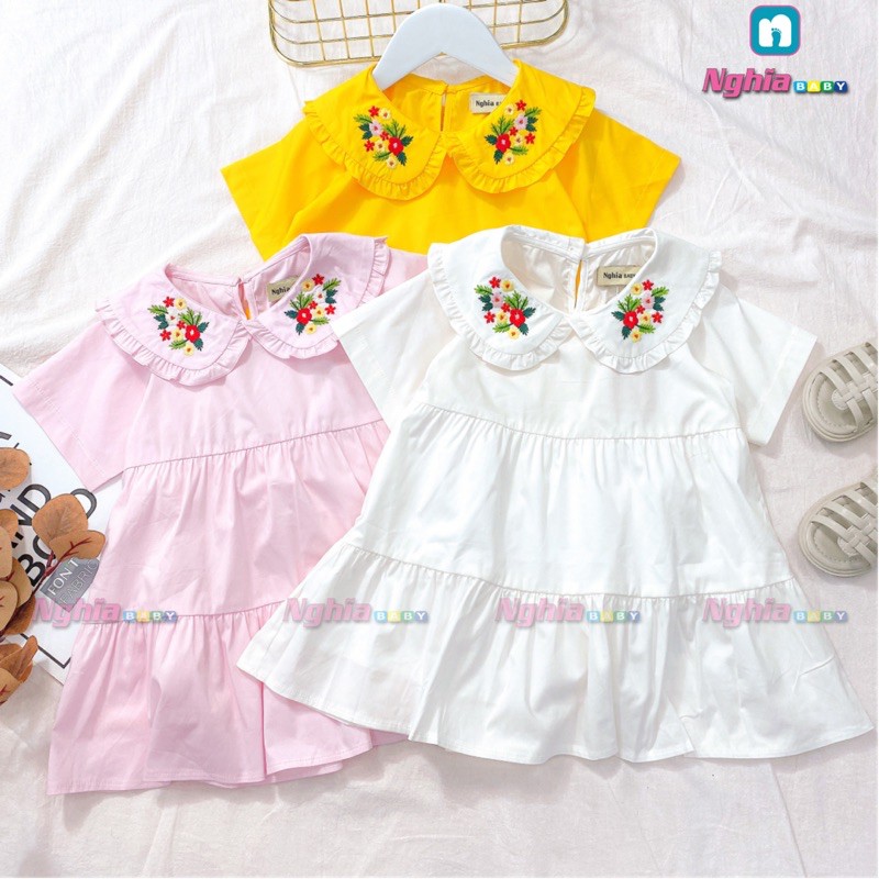 [Mã FARSBR241 giảm 15k đơn 0đ] Đầm baby doll NGHĨA BABY cổ thêu hoa dành cho bé gái 15-32kg