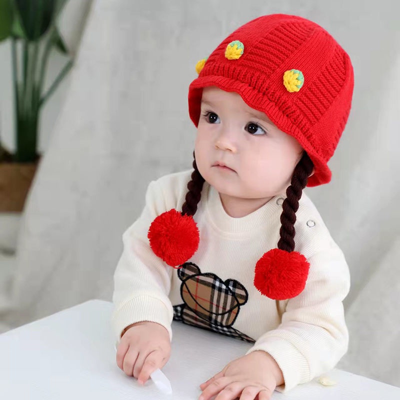 Mũ Len Bảo Vệ Tai Đính Tóc Giả Thắt Bím Cho Bé Gái