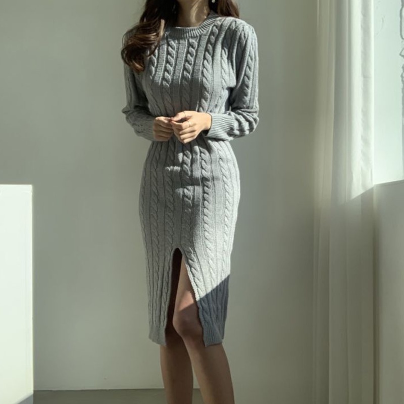 Đầm Len Nữ Dài Tay Cổ Chữ v Xẻ Tà Thời Trang Hàn