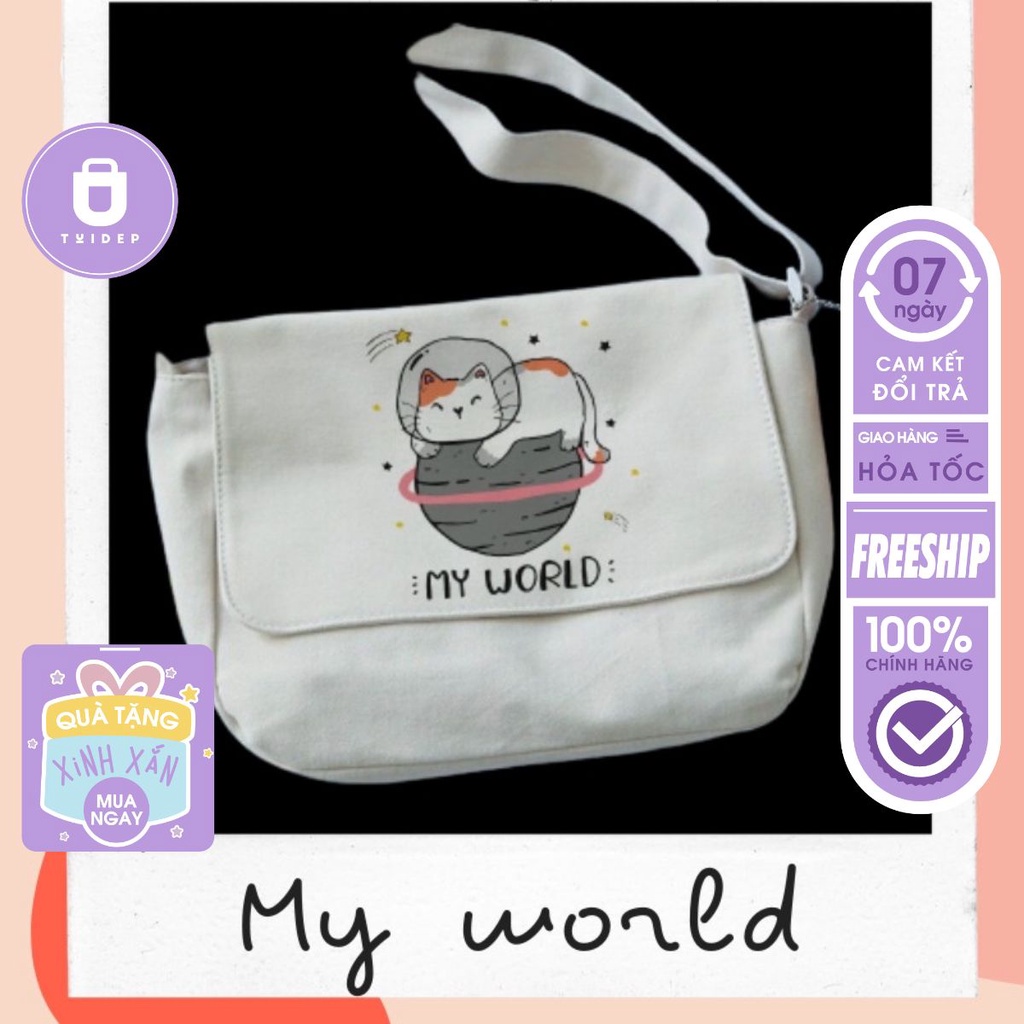 Túi Tote Vải Canvas Nữ Đeo Chéo MY WORLD mèo xinh kute đi học giá rẻ TD08 Tuidepstore