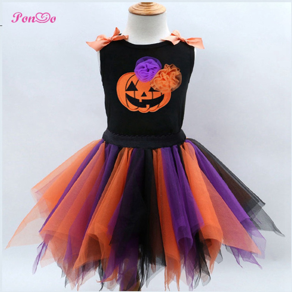 Set Đồ Halloween Gồm Áo Sát Nách Họa Tiết Đầu Lâu Bí Ngô Hoạt Hình + Chân Váy Cho Bé Gái 2-7
