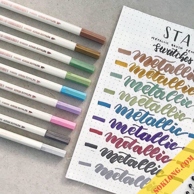 Bộ 10 bút lông ngòi mềm Brush Metallic nhiều màu, bút trang trí sổ Bullet Journal, thiệp Tuệ Minh