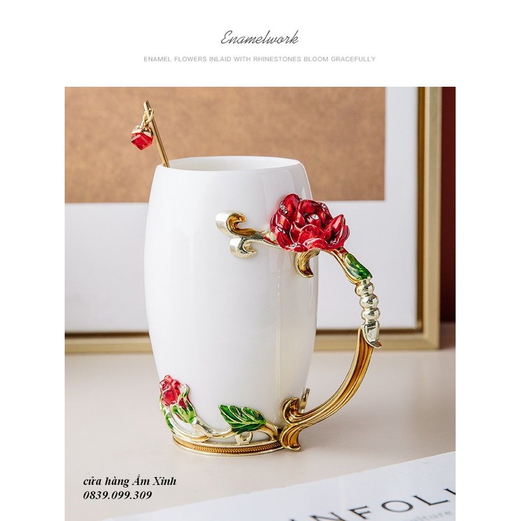 Cốc sứ cao cấp bọc hoa nổi 3D kèm hộp quà cao cấp 350 ML