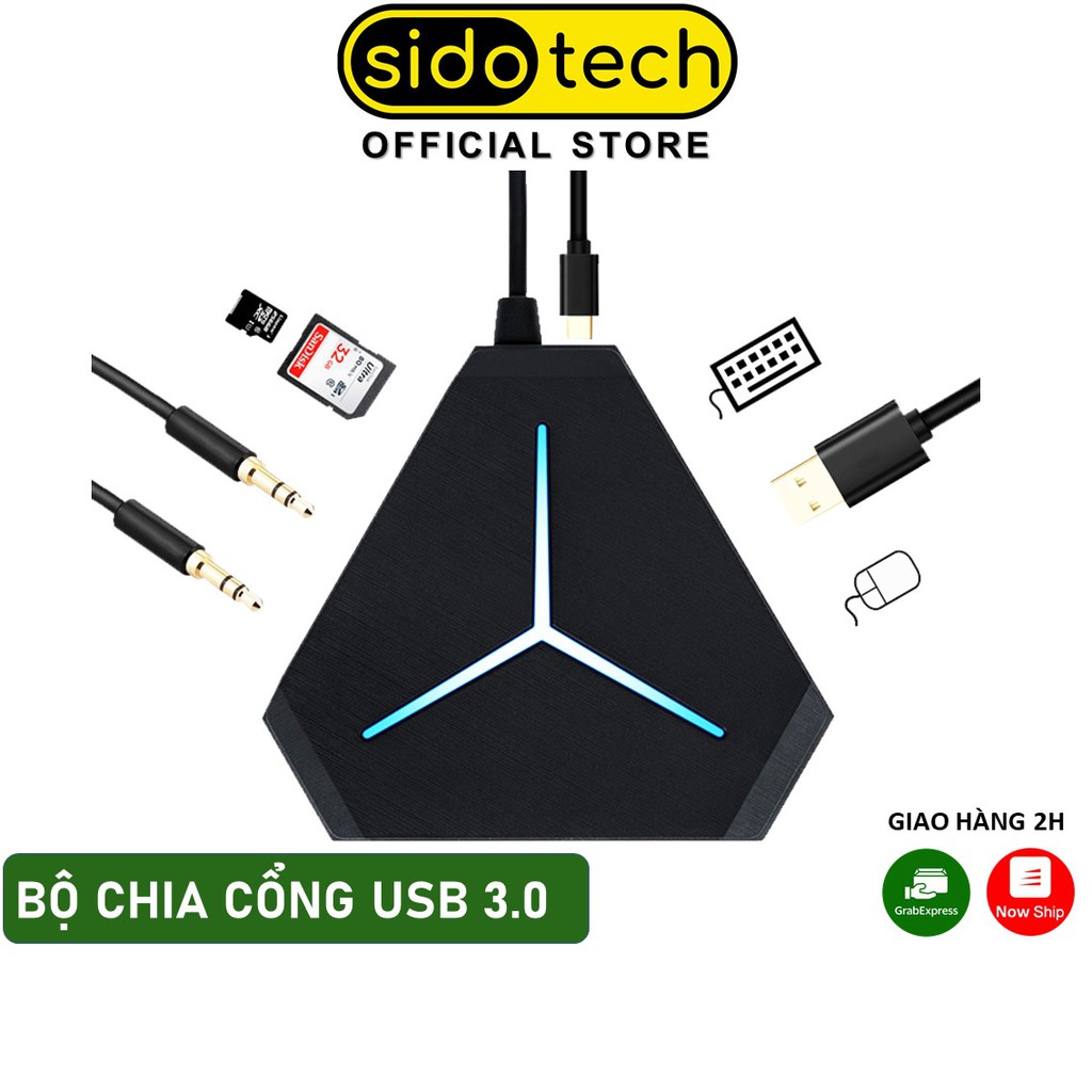 Bộ chia cổng HUB USB SIDOTECH mở rộng kết nối đa năng 6 cổng USB tốc độ cao, cổng Audio, đầu đọc thẻ nhớ, đèn LED