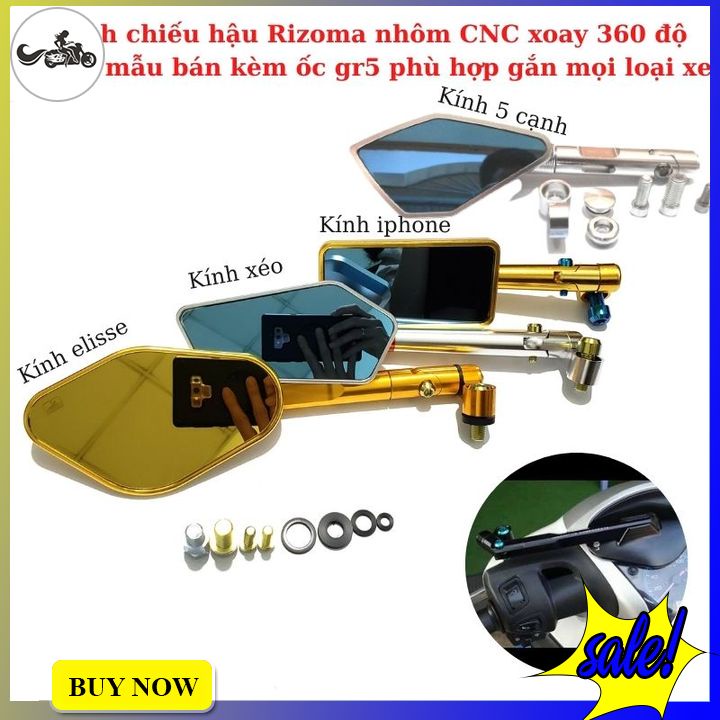 Kính chiếu hậu Rizoma nhôm CNC xoay 360 độ nhiều mẫu bán kèm ốc gr5 màu lục bảo phù hợp gắn mọi loại xe (1 cái trái)