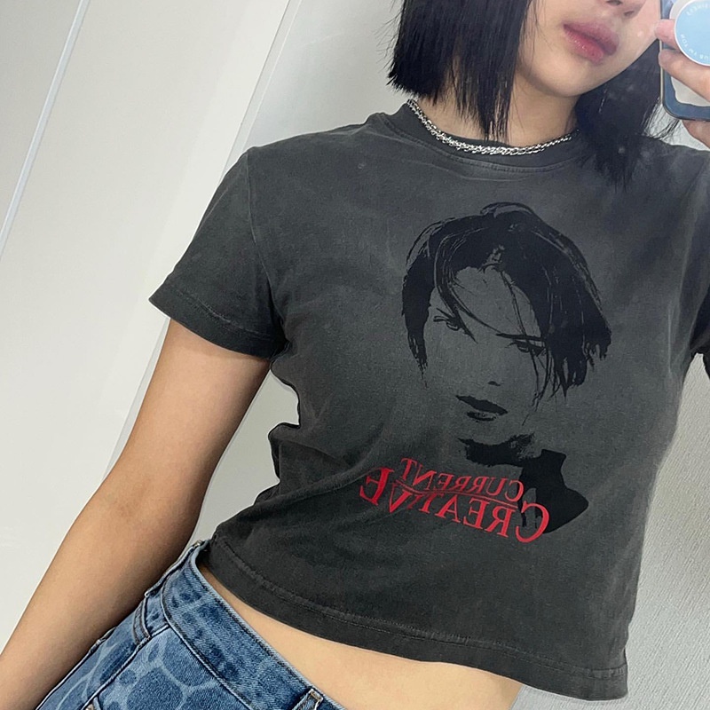 Áo Thun Tay Ngắn Cổ Tròn In Họa Tiết Chân Dung Thời Trang Cá Tính Cho Nữ