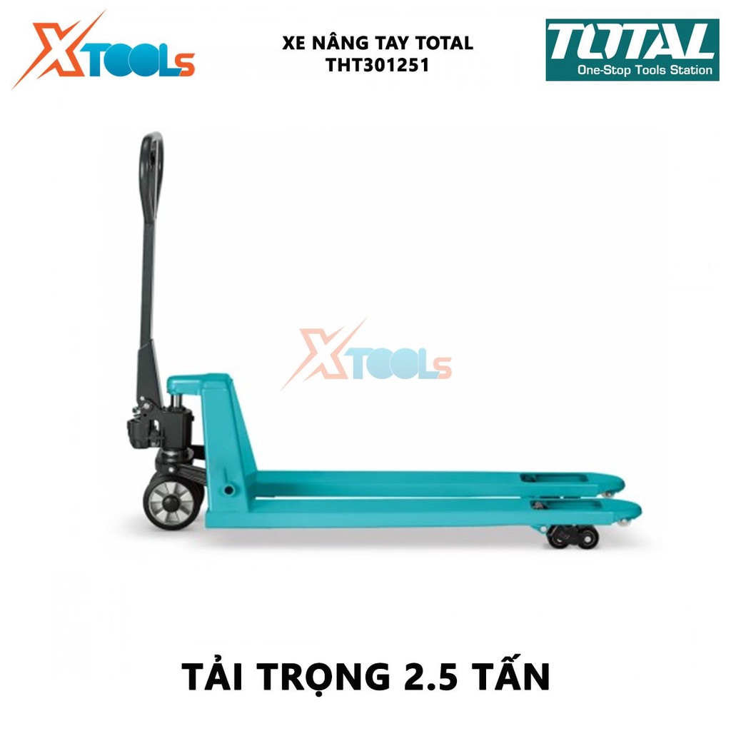 Xe nâng tay TOTAL THT301251 Xe nâng kéo hàng Tải trọng 2.5 tấn Nâng thấp nhất 85 mm Nâng cao nhất 200 mm Kích thước bánh