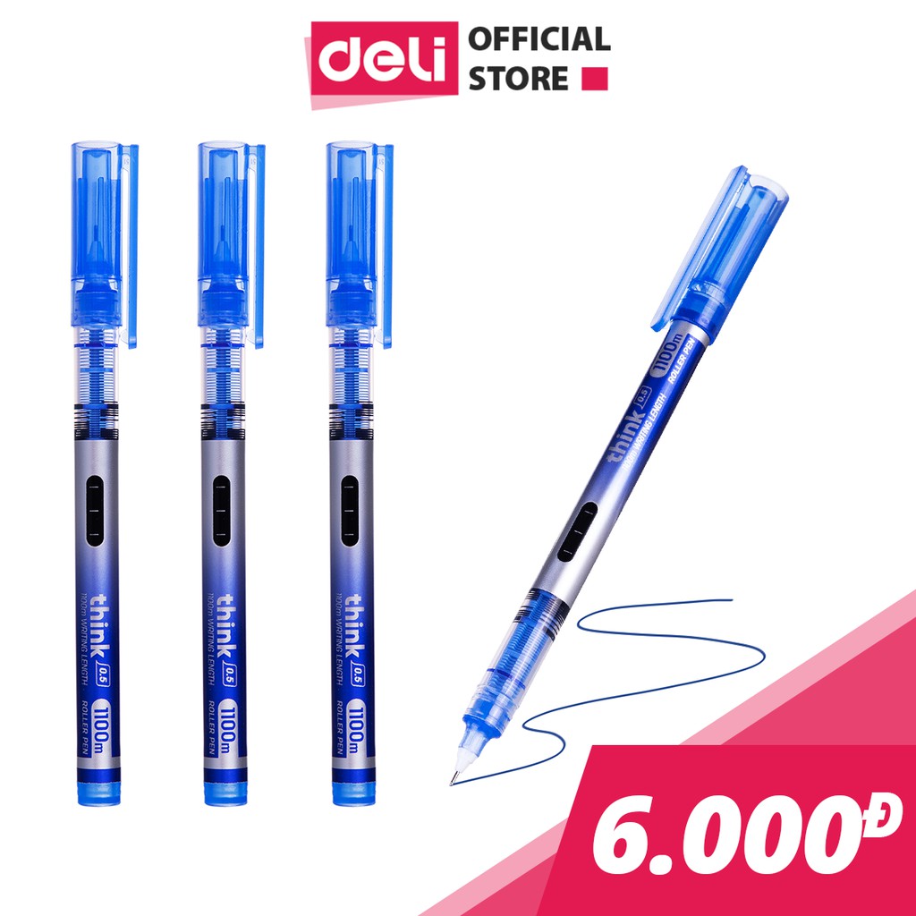Bút bi nước mực gel xanh nắp đậy ngòi 0.5mm Deli nhanh khô lâu hết mực tiện lợi viết đều trơn tru chất lượng cao EQ300