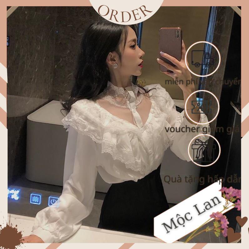 (MộcLan ORDER) 🎀Áo sơ mi kiểu tiểu thư ren bèo phối lưới cổ tay bo sang chảnh| Áo công chúa phong cách Hàn Quốc