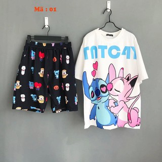 Set bộ áo thun tay lỡ unisex + quần short hoạt hình