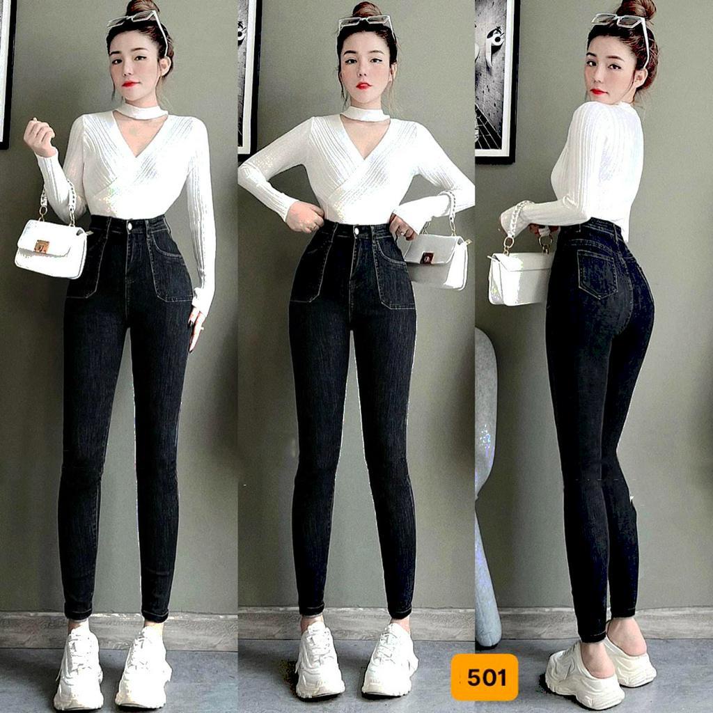 Quần jean nữ lưng cao màu trắng mặc tôn dáng vải co giãn - Skymen Fashion MS522