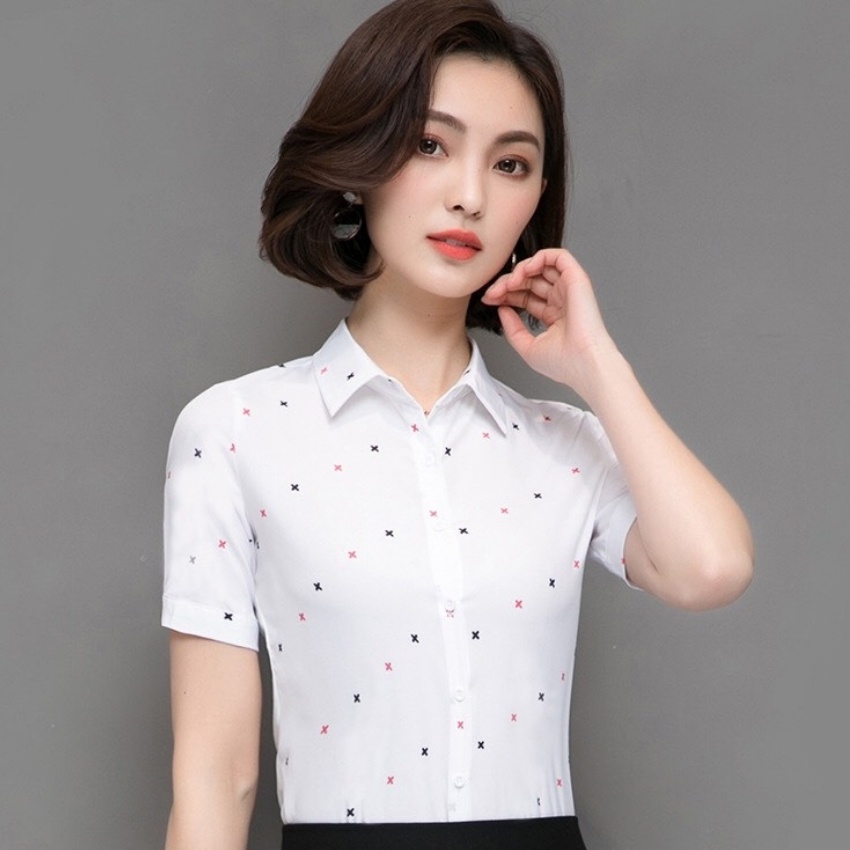 Áo sơ mi nữ ngắn tay phối họa tiết dấu x  Thời trang nữ công sở Thiết kế trẻ trung thanh lịch