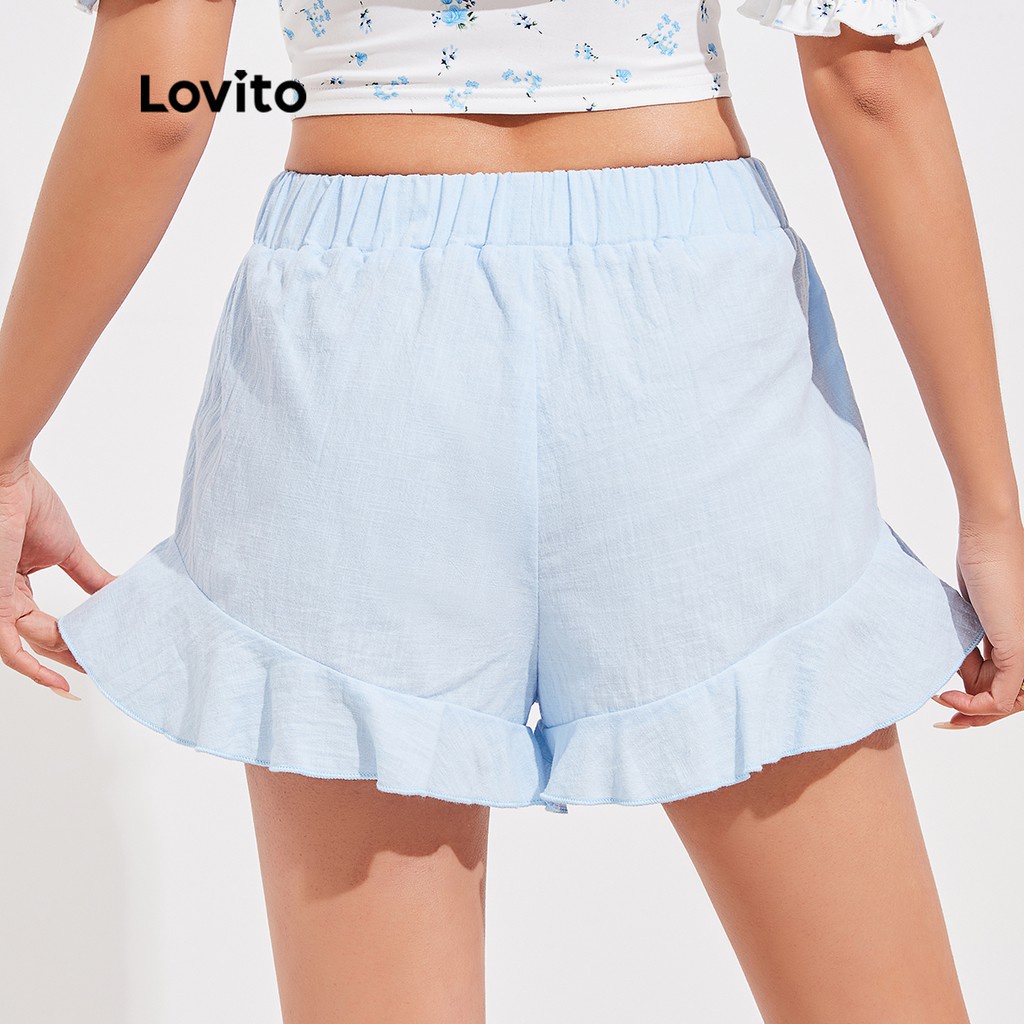 Quần short Lovito xếp nếp phối dây rút màu trơn phong cách vintage L16D038 (màu xanh da trời)