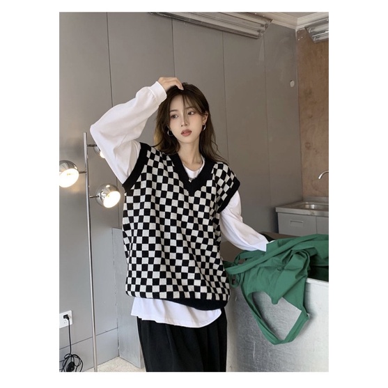 Áo gile len nữ cổ V họa tiết kẻ sọc caro phong cách Hàn Quốc GL5 | BigBuy360 - bigbuy360.vn