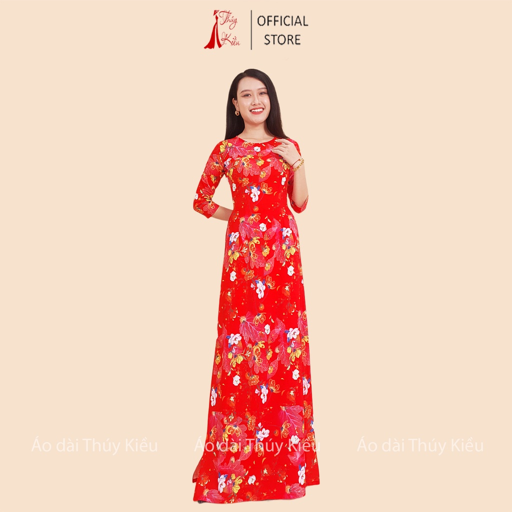 Áo dài nữ may sẵn thiết kế đẹp cách tân tết đỏ hoa nhí trắng HN12 Thúy Kiều mềm mại, co giãn, áo dài giá rẻ