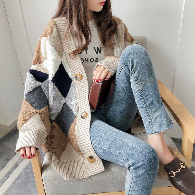 Áo khoác len Cardigan hoạ tiết ô trám len bông thổ cẩm