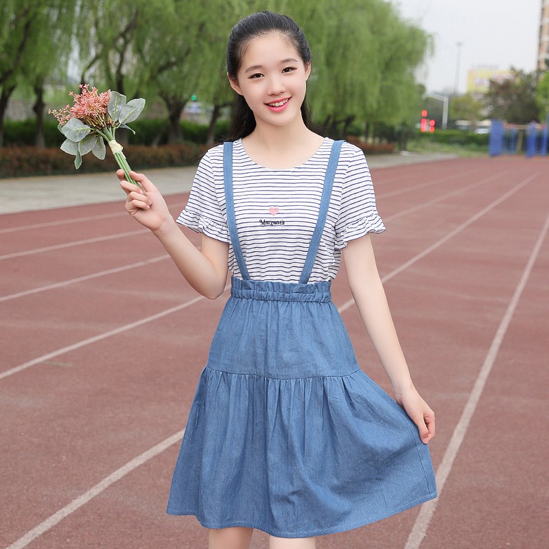 ﹍✕☬Cô gái mặc váy học sinh 2021 mùa hè mới trung cơ sở tự trồng đan sọc ngắn tay lửng phiên bản Hàn Quốc