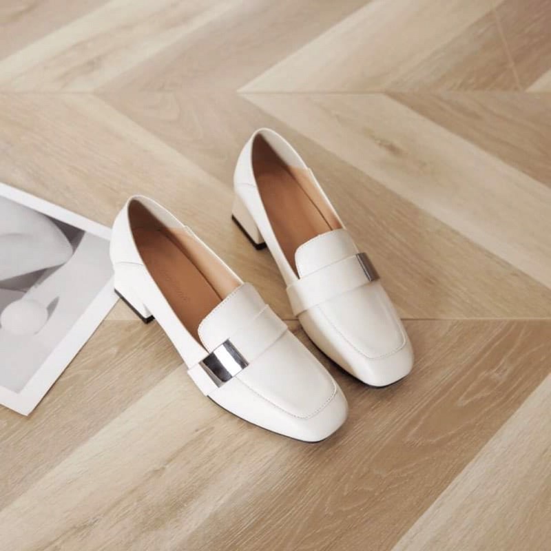 GIÀY DA MỀM 5P KHUY VUÔNG | TRẮNG NÂU ĐEN