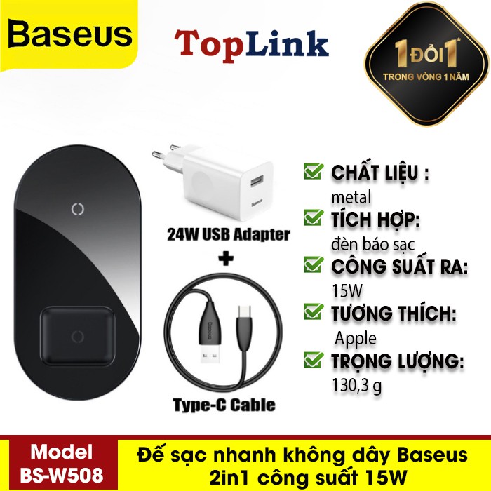 Đế Sạc Nhanh Không Dây Baseus Simple 2in1 Wireless Charger Công Suất 15W, Sạc 2 Thiết Bị Cùng Lúc Cho Iphone, Android