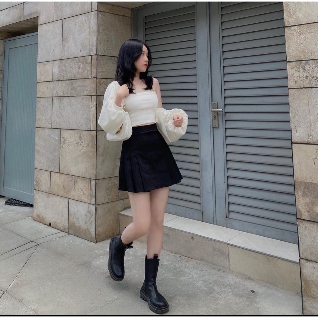 Set váy 3 món hot hit chân váy xếp ly + áo 2 dây + áo cardigan cực xinh | BigBuy360 - bigbuy360.vn