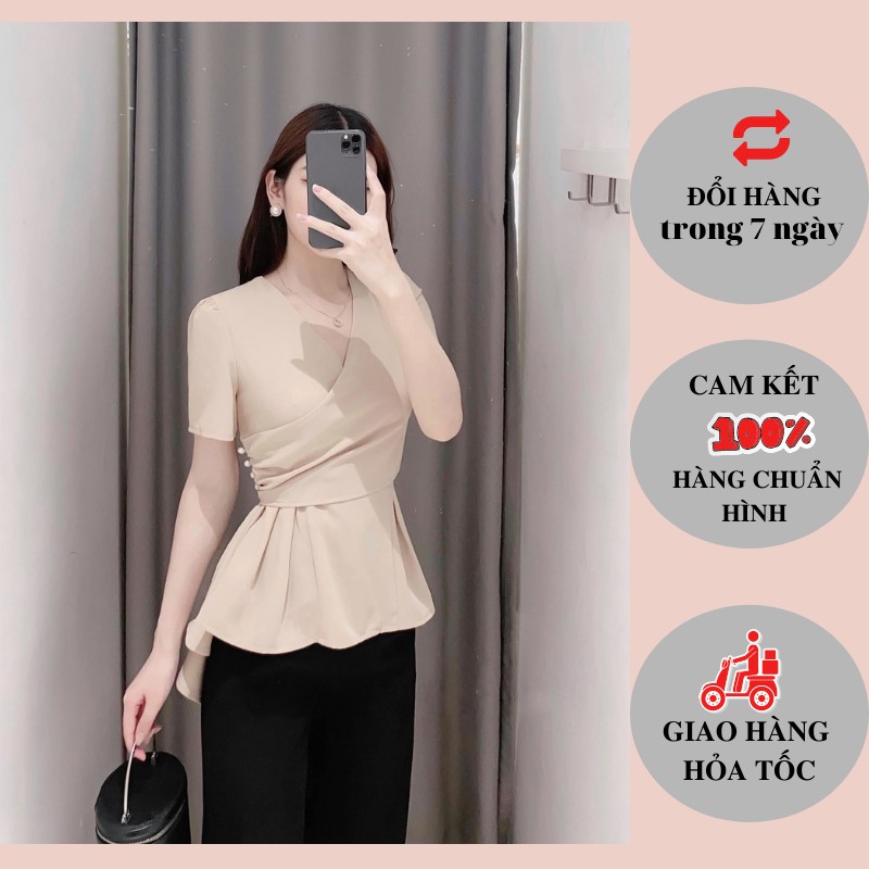 Áo pelum cổ V đính ngọc - vải chéo thái thềm mịn mặc mát