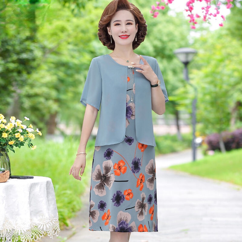 Đầm chiffon Dài Qua Gối Thời Trang Mùa Hè Cho Phụ Nữ Trung Niên