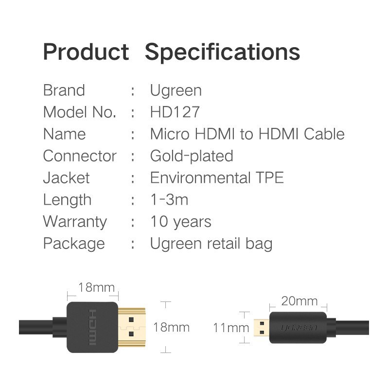 Cáp chuyển đổi UGREEN từ micro HDMI sang HDMI tốc độ cao hỗ trợ 1080p 3D 4k
