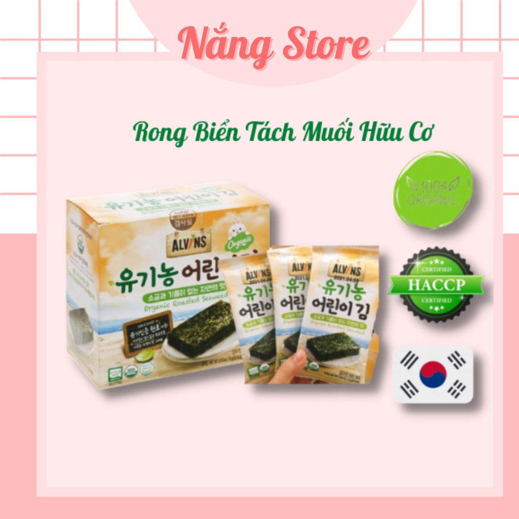 Rong biển hữu cơ tách muối Alvin Hàn Quốc tách lẻ hộp 1 gói cho bé ăn dặm ngon miệng hơn