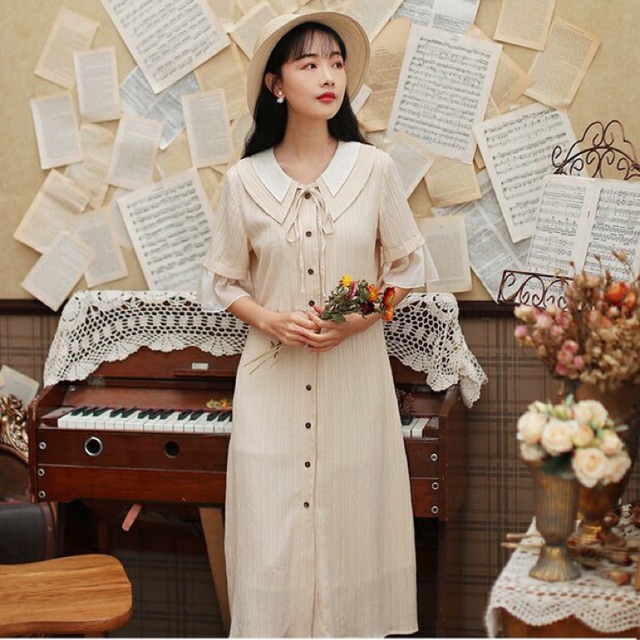 [ORDER] VÁY LIỀN DÁNG DÀI TAY PHỐI VOAN (KÈM ẢNH THẬT)