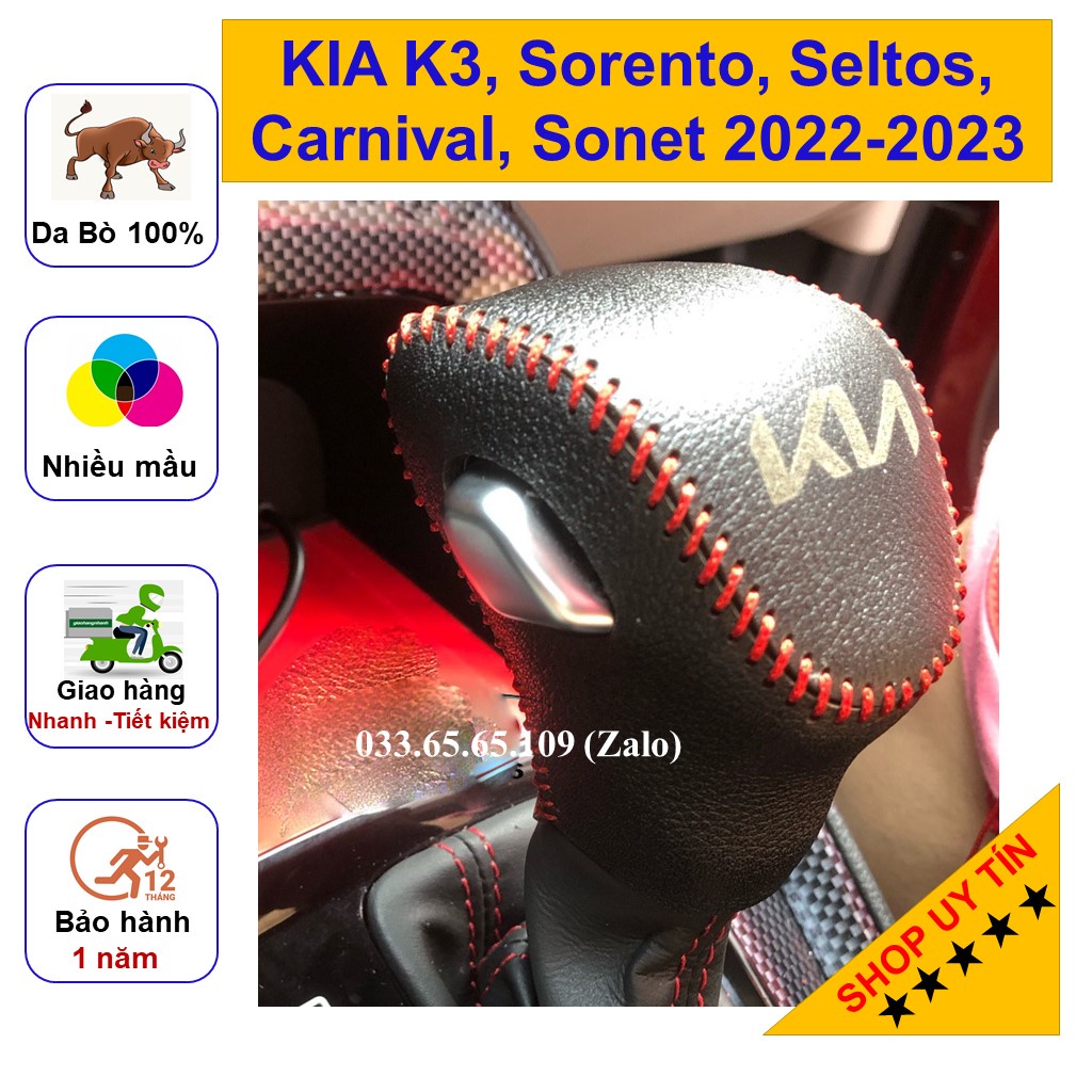 Bọc da cần số Kia K3, Sonet, Seltos, Sorento, Carnival 2022, carens 2023 new bằng da bò thật, hàng loại 1