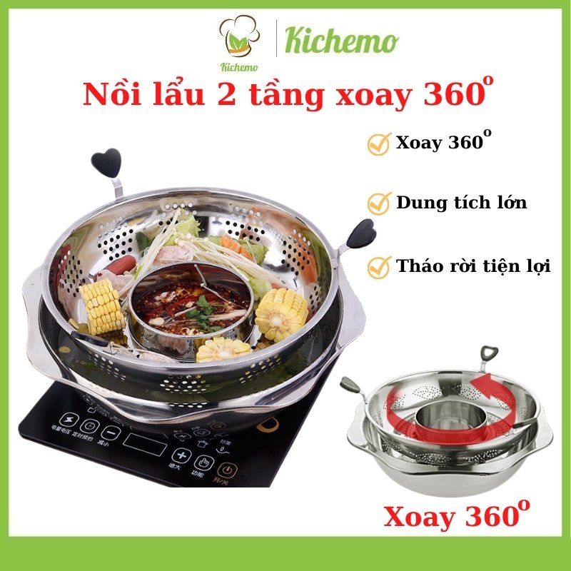 Nồi lẩu inox xoay 2 tầng Hàn Quốc Nồi lẩu inox 2 tầng dùng được cả bếp từ và bếp gas