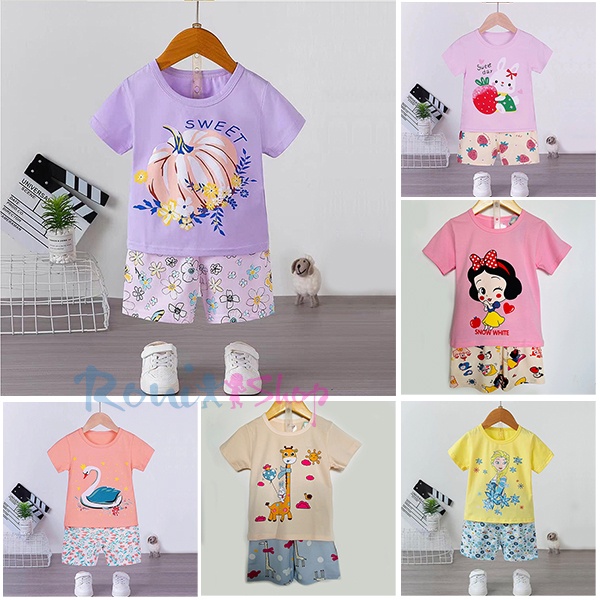 Đồ bộ bé gái - Bộ thun cotton xuất Hàn cộc tay cho bé gái từ 7 - 22kg