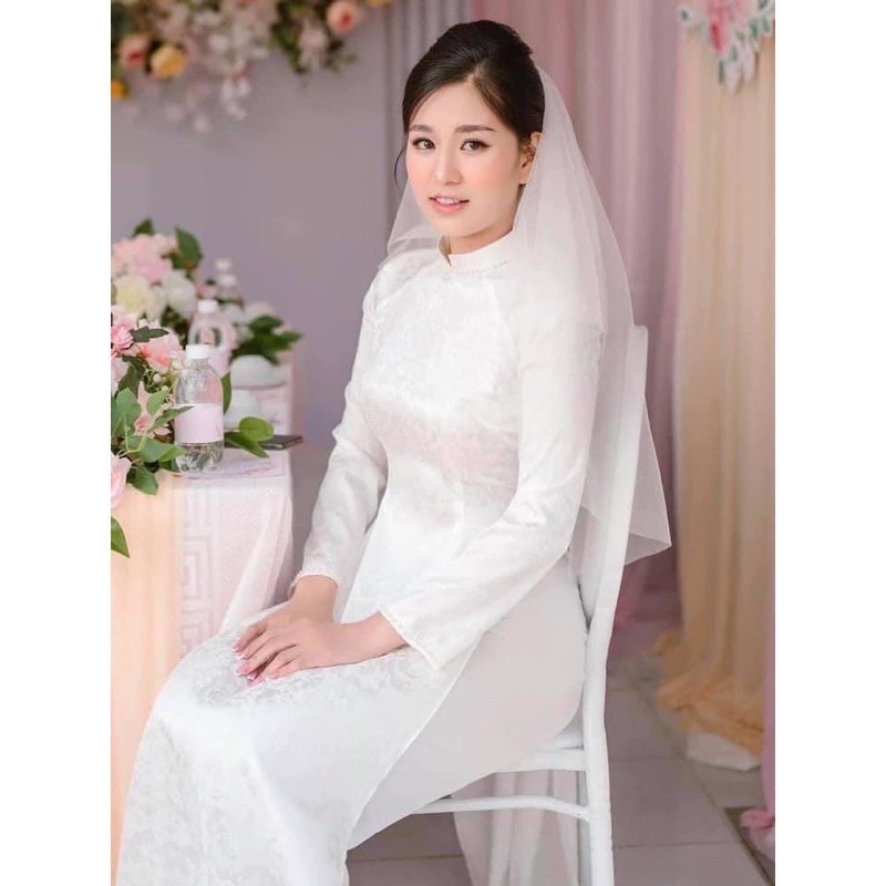 Áo Dài Gấm Tơ Trắng - Co Dãn - Đủ Size