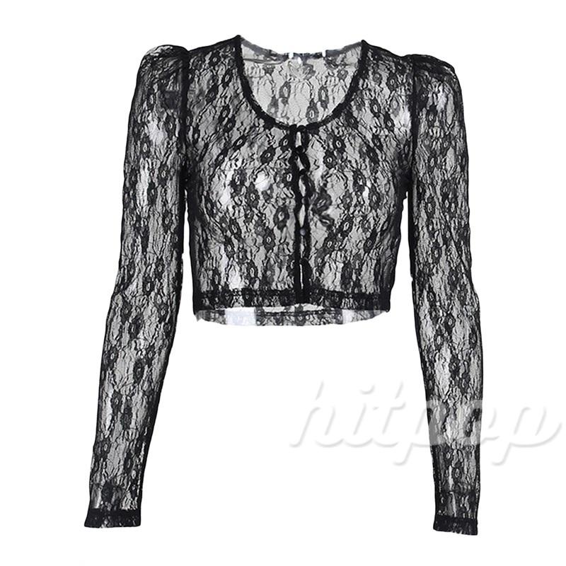 Áo croptop ren xuyên thấu tay dài cổ chữ V quyến rũ cho nữ