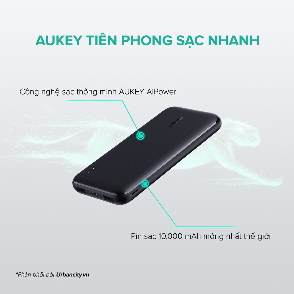  Pin Siêu Mỏng 10.000 mAh Aukey PB-N73 1 Cổng Sạc Nhanh Type C 15W, 2 Cổng USB-A