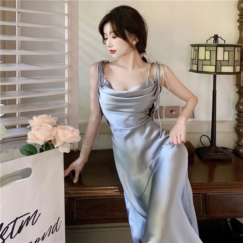 Đầm Lụa Cổ Đổ Cột Dây Tà Chéo Đi Chơi Dự Tiệc