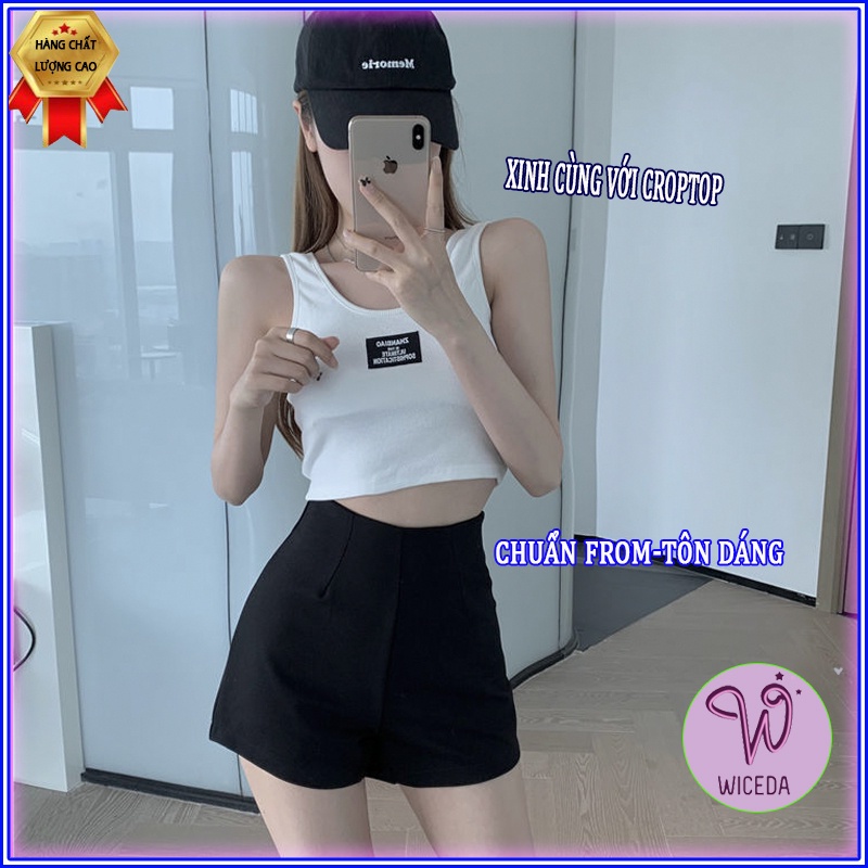 Quần short đùi nữ ôm cạp cao Wiceda, quần sooc lưng cao chất umi cao cấp co giãn 2 màu đen xám khóa sau tôn dáng QD452.