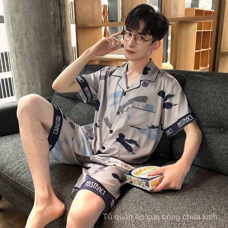 Bộ đồ ngủ ngắn tay bằng vải lụa lạnh mỏng in họa tiết hoạt hình thời trang mùa hè cho nam X80W